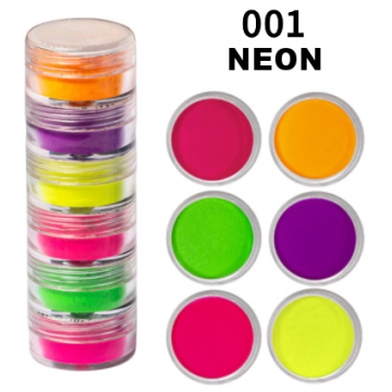 Sada 6 ks barevných akrylových pudrů bez třpytek-NEON, č. 001- 5g